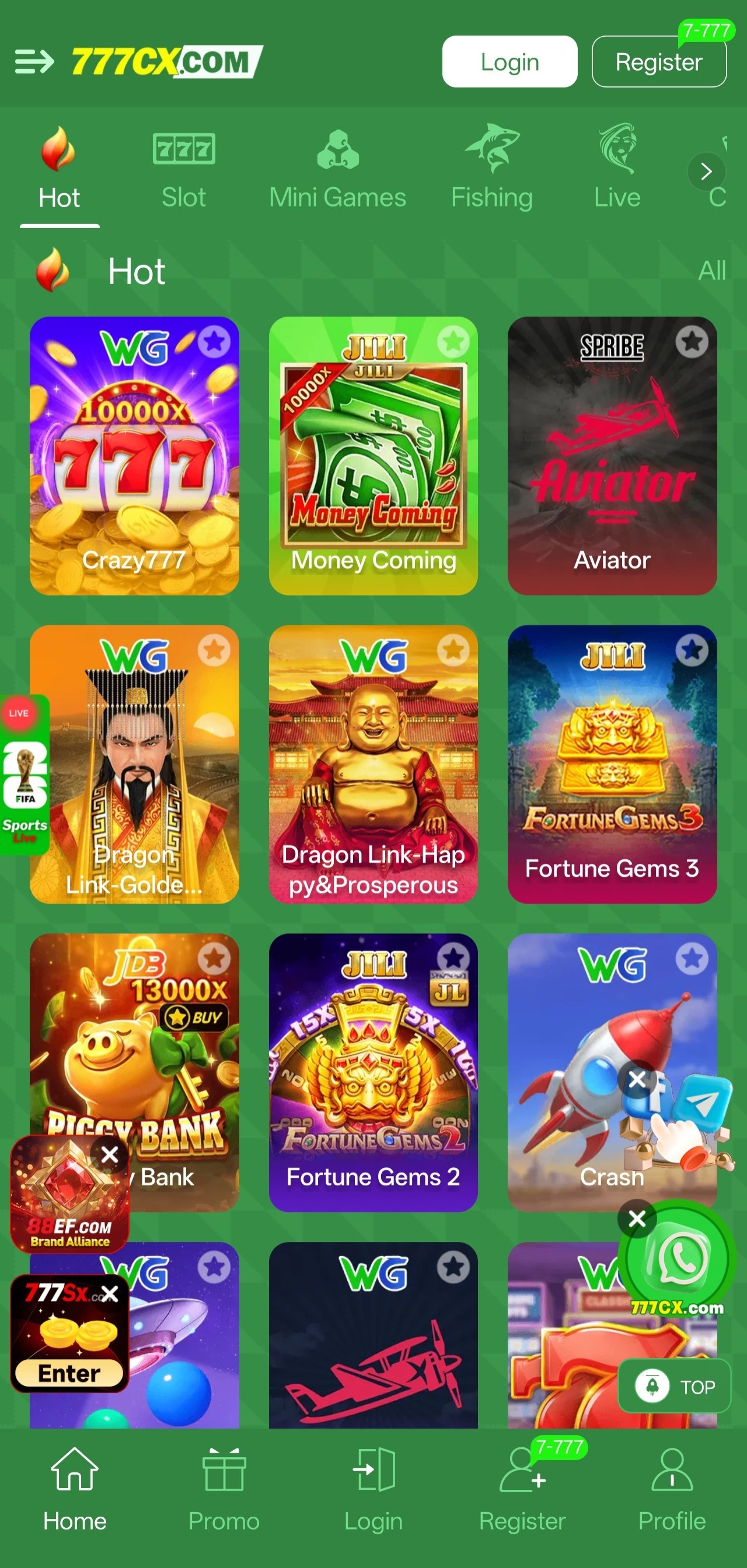 777cx game app home screen showing the hot slot lobby on a mobile phone