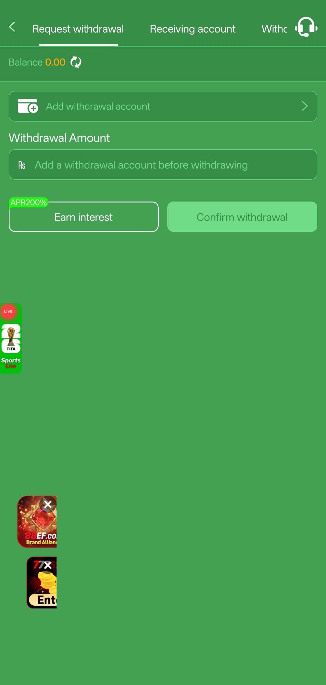777cx app withdrawal request screen showing balance and withdrawal account fields