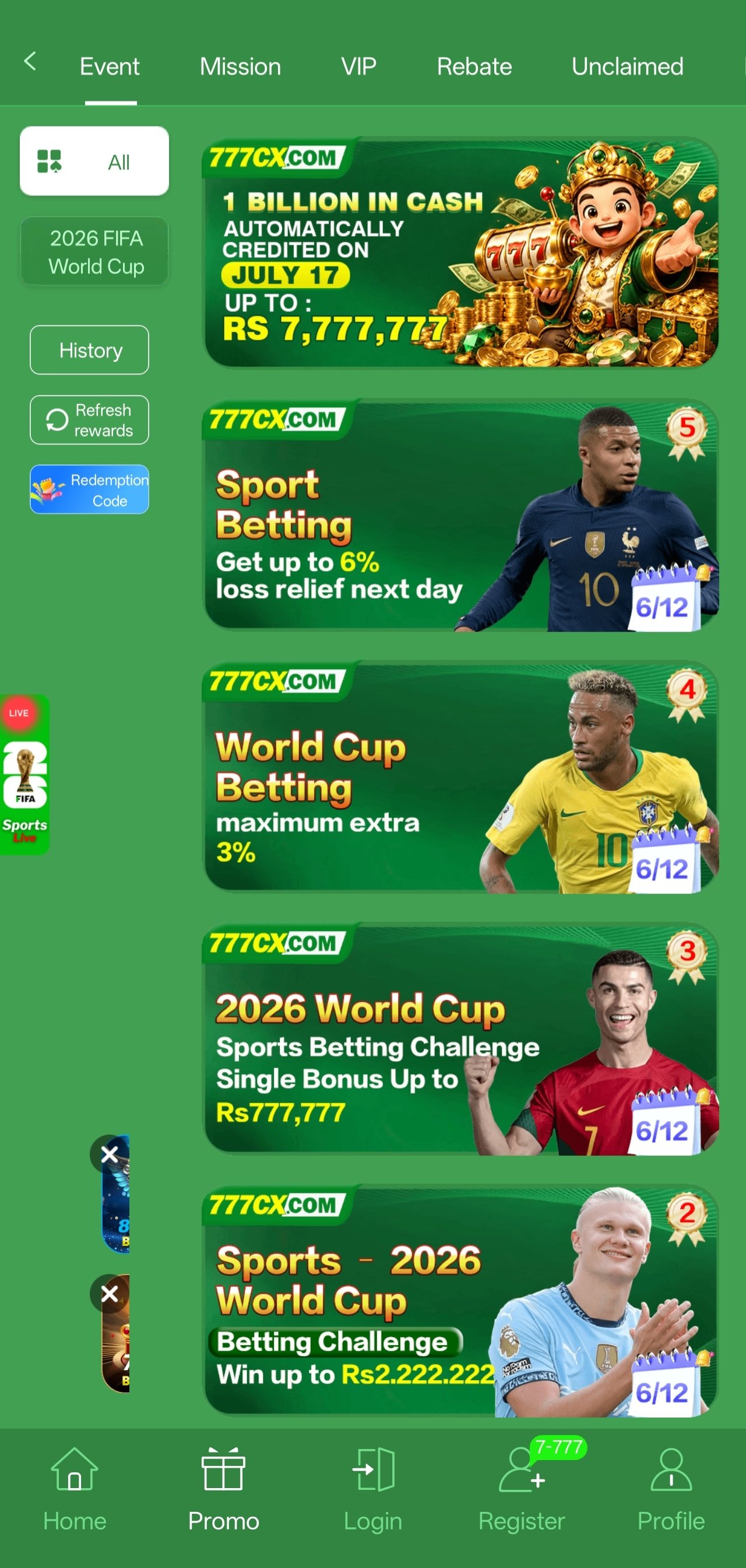 777cx latest app promotions and rewards screen